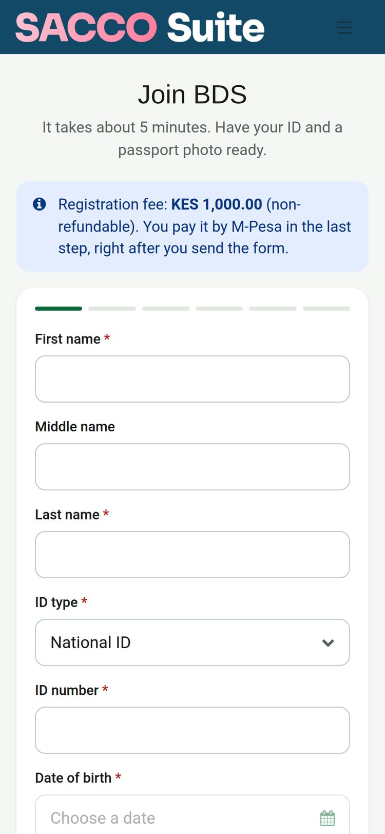 The joining form on a phone: the registration fee and how it is paid by mobile money, then the applicant's details