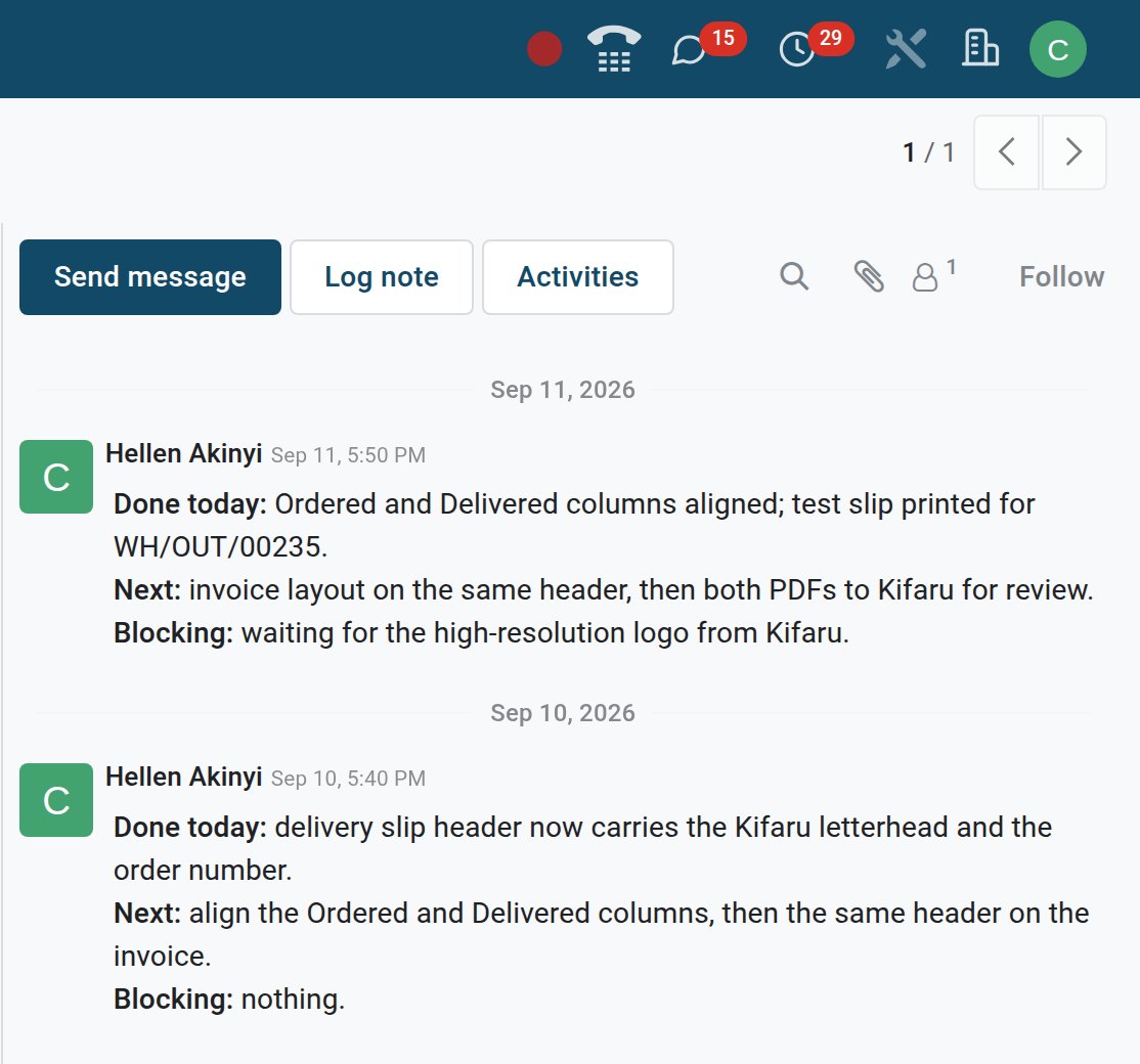 End-of-day notes on a task: what was done, what is next, anything blocking it.
