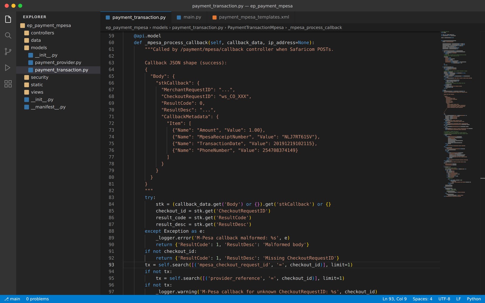 Python code for the M-Pesa payment callback open in a code editor: the handler reads Safaricom's callback and finds the payment it belongs to.