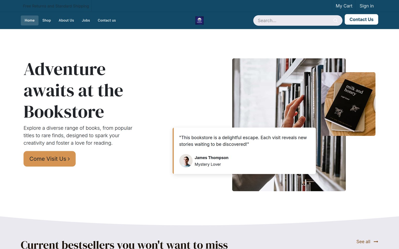A bookstore website with the headline Adventure awaits at the Bookstore and a customer quote.