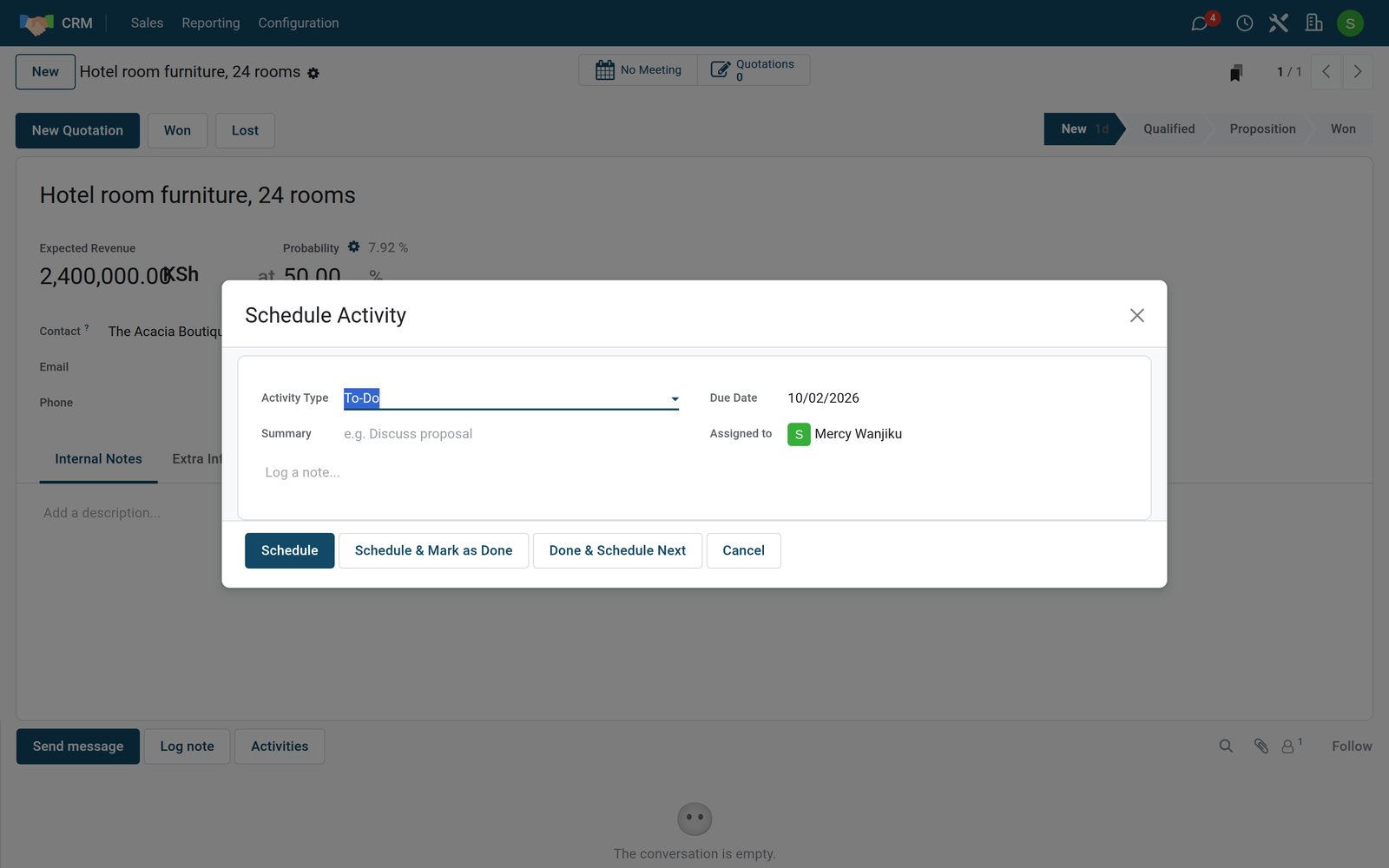 The Schedule Activity dialog on an opportunity