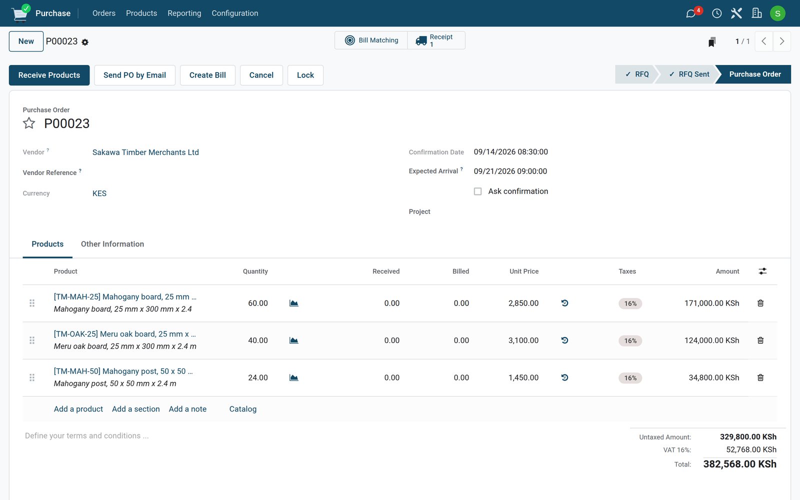 A confirmed purchase order with Receipt and Received columns